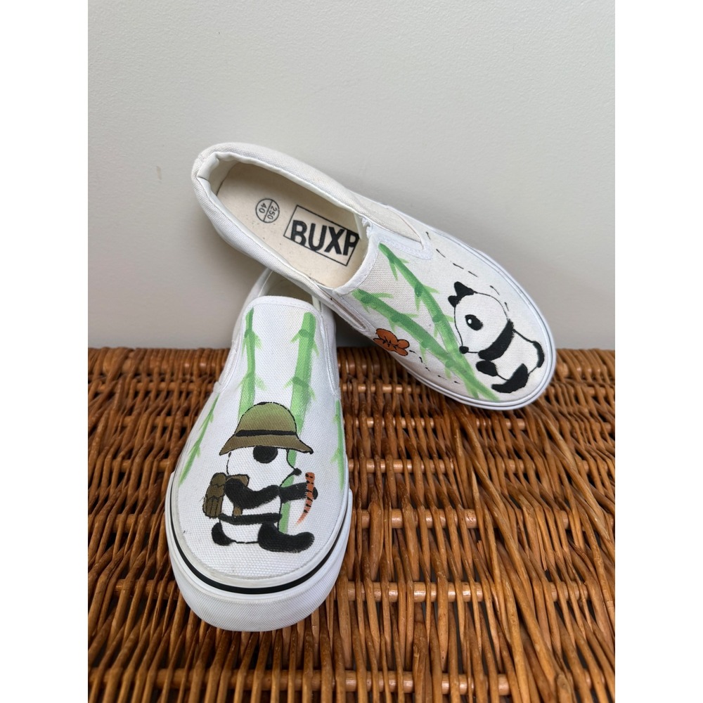 BUXP White Canvas Slip On Sneakers Hand Painted Panda Bamboo Mens 7.5 Womens 9